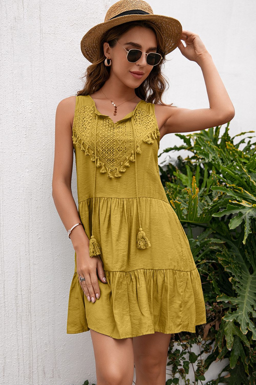 Ivy Lane Tassel Tie Lace Trim Sleeveless Dress Chartreuse Fitggins