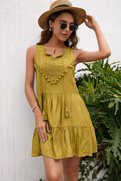 Ivy Lane Tassel Tie Lace Trim Sleeveless Dress Chartreuse Fitggins