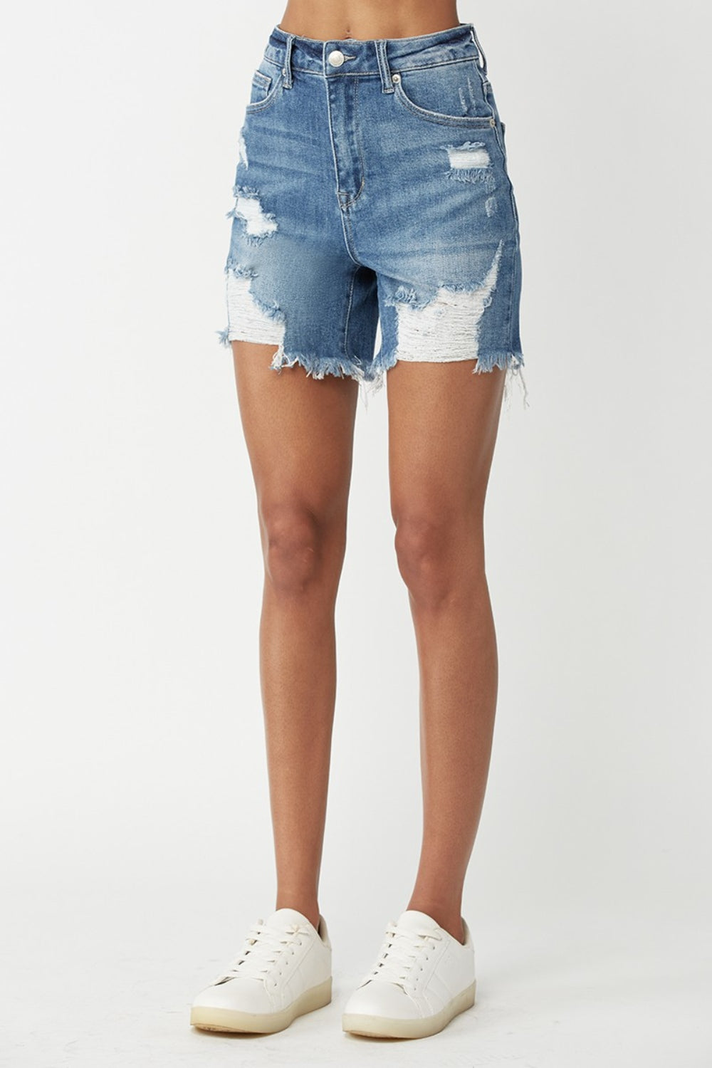 RISEN High Waisted Distressed Denim Shorts - Denim Shorts - FITGGINS