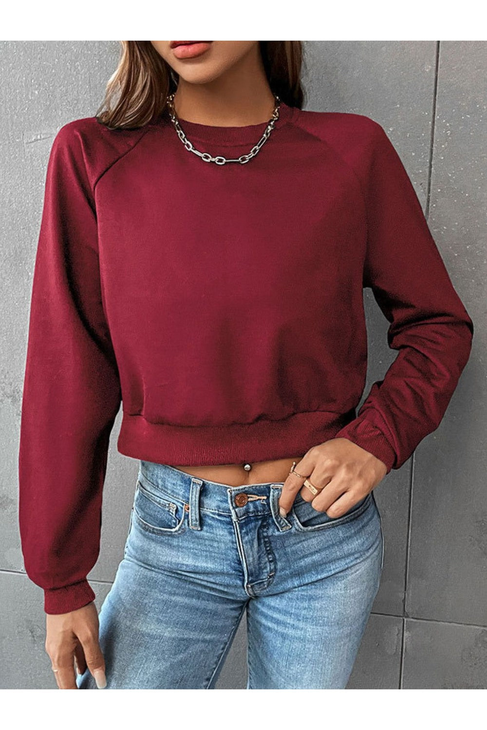 Perfee Raglan Sleeve Round Neck Cropped Sweatshirt - Sweatshirts & Hoodies - FITGGINS