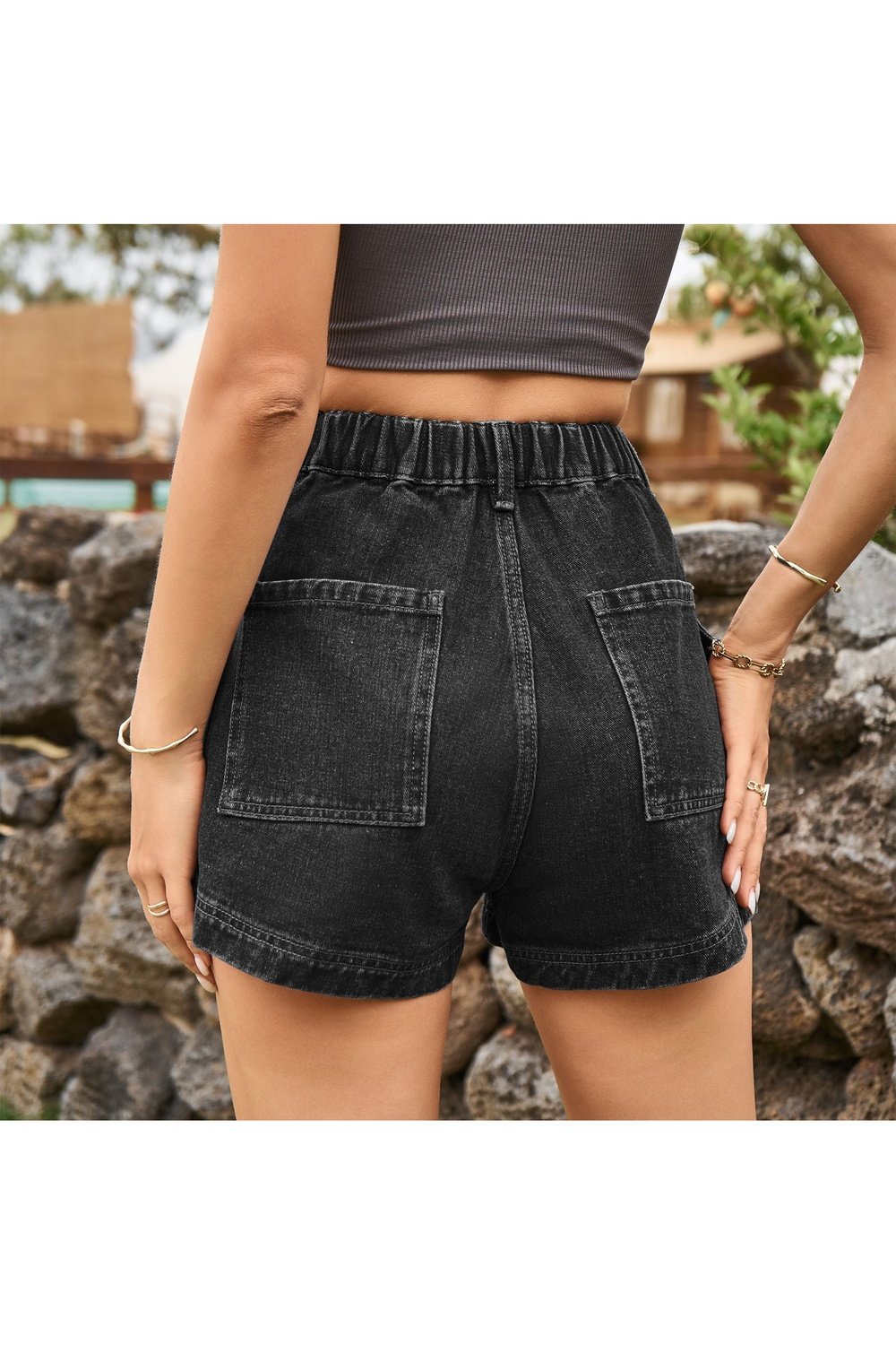 High-Waist Denim Shorts with Pockets - Denim Shorts - FITGGINS