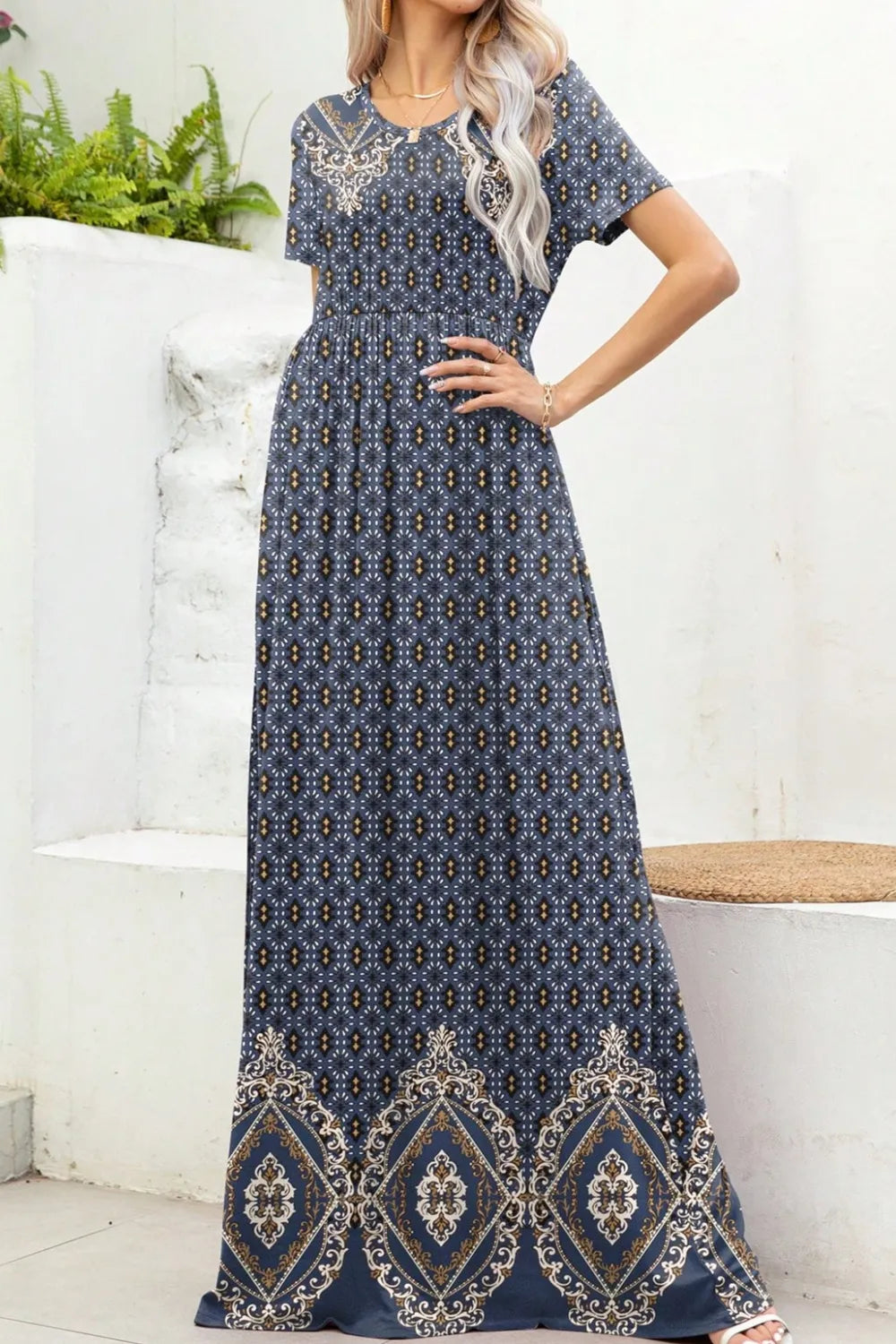 Printed Round Neck Short Sleeve Maxi Dress French Blue Fitggins