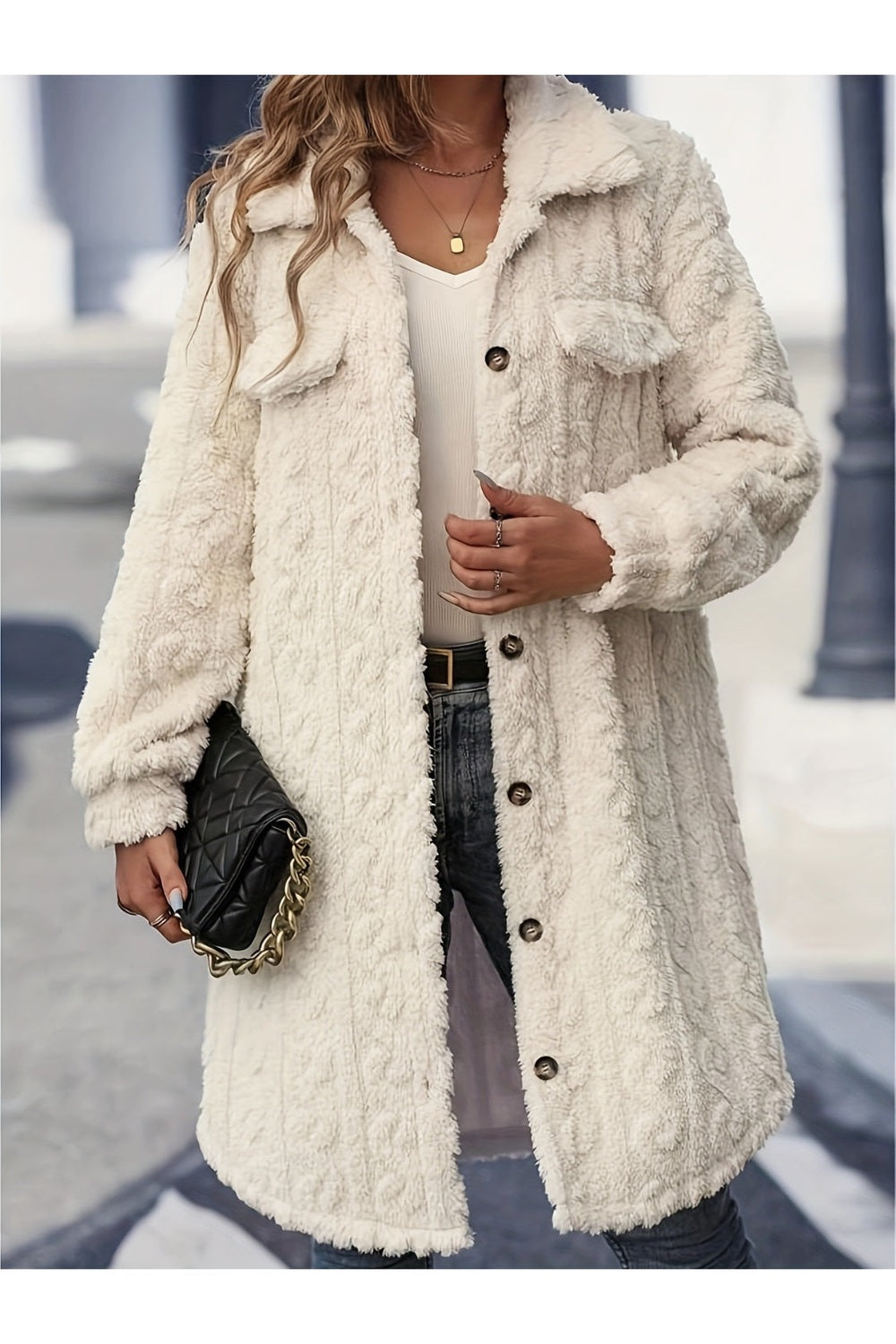 Fuzzy Button Up Long Sleeve Longline Coat - Jackets - FITGGINS