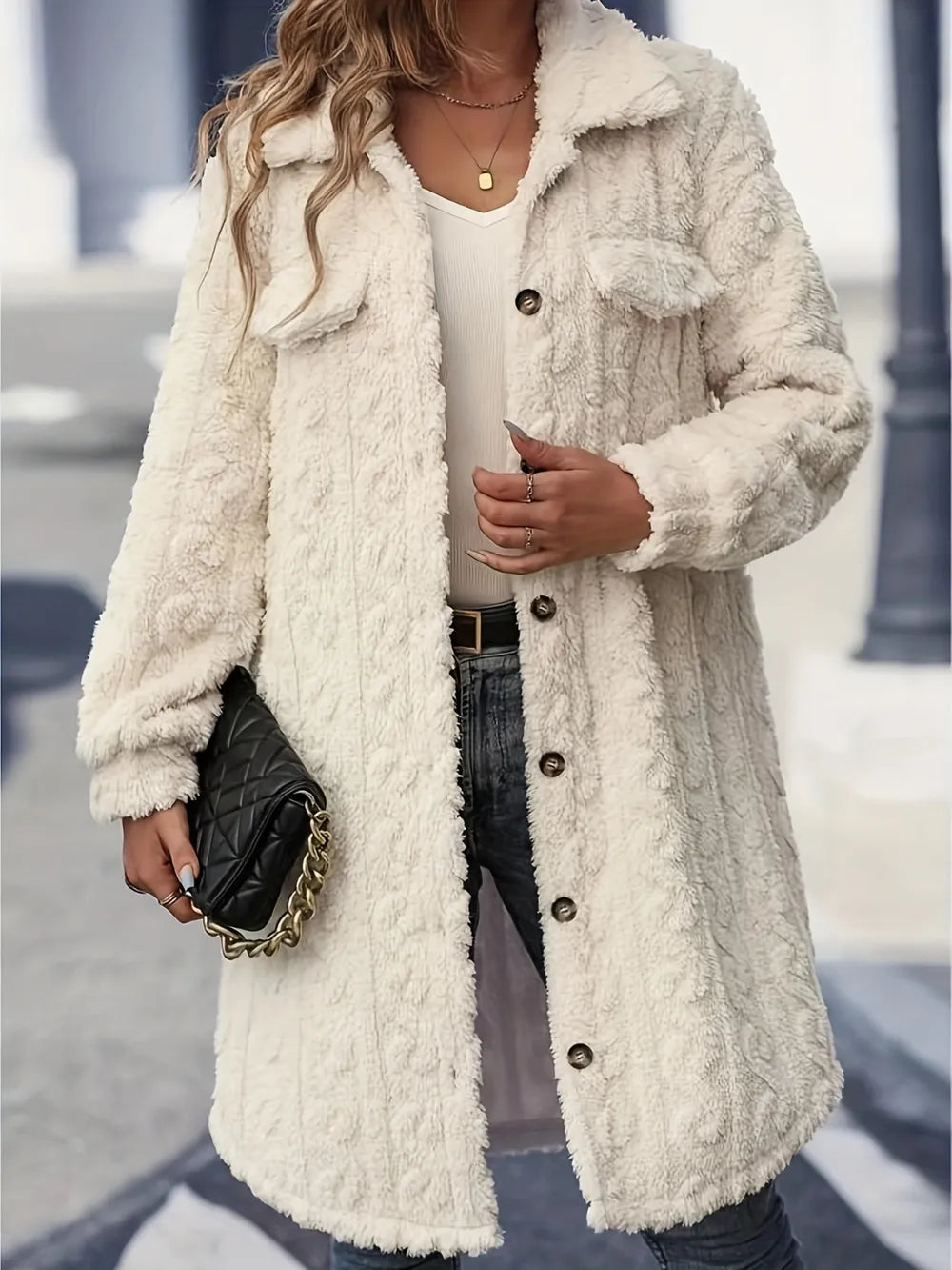 Fuzzy Button Up Long Sleeve Longline Coat Cream Fitggins