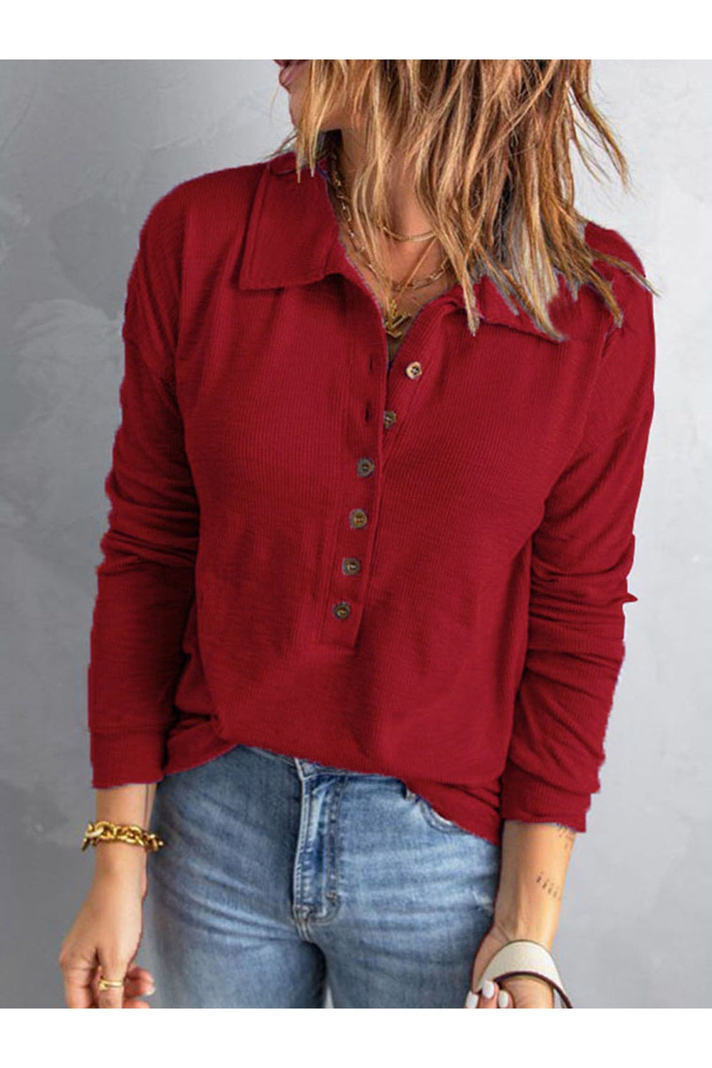 Collared Neck Half Button Top - Blouses - FITGGINS