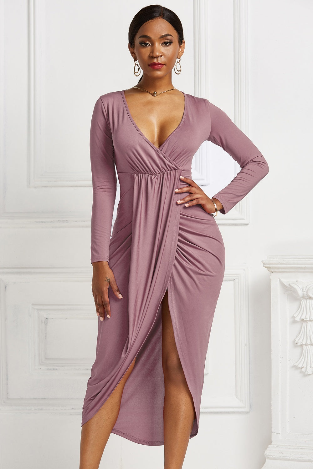 High-low Ruched Surplice Long Sleeve Dress - Cocktail Dresses - FITGGINS