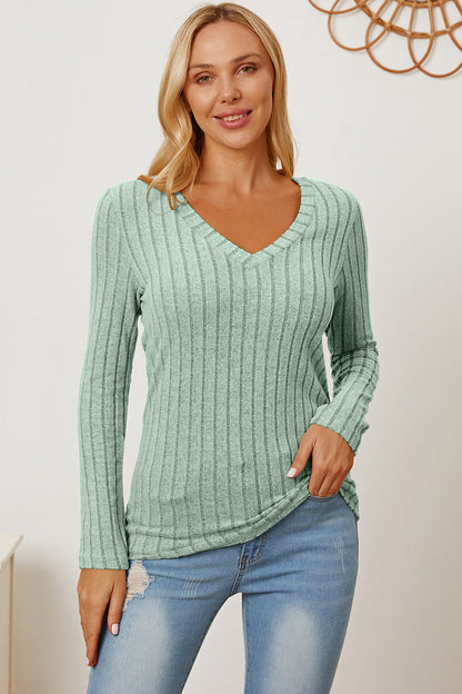 Basic Bae Full Size Ribbed V-Neck Long Sleeve T-Shirt - T-Shirts - FITGGINS