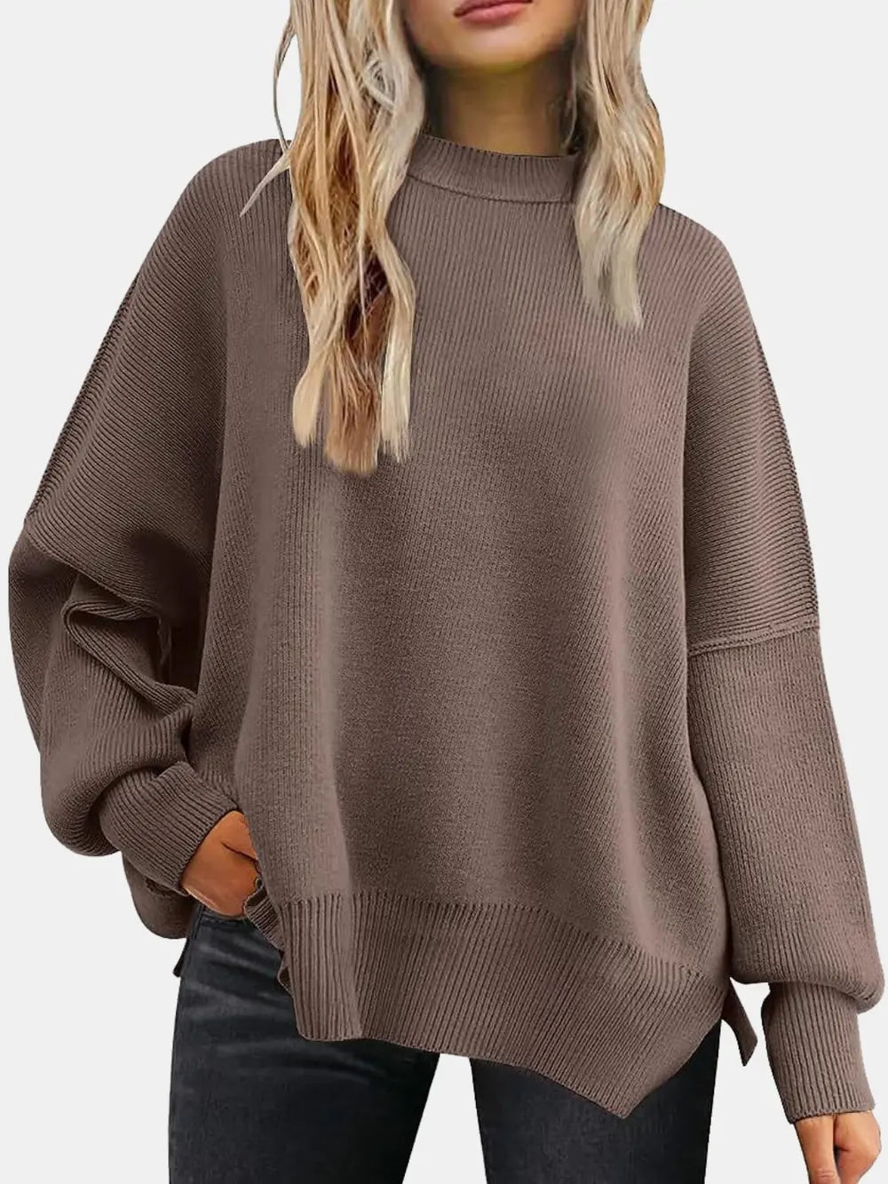 Round Neck Drop Shoulder Slit Sweater Coffee Brown Fitggins