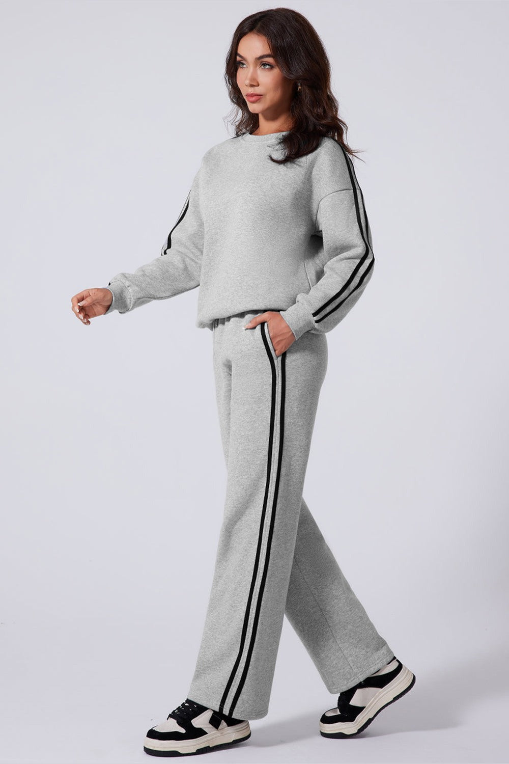 Side Striped Round Neck Top and Pants Active Set - Active Set - FITGGINS