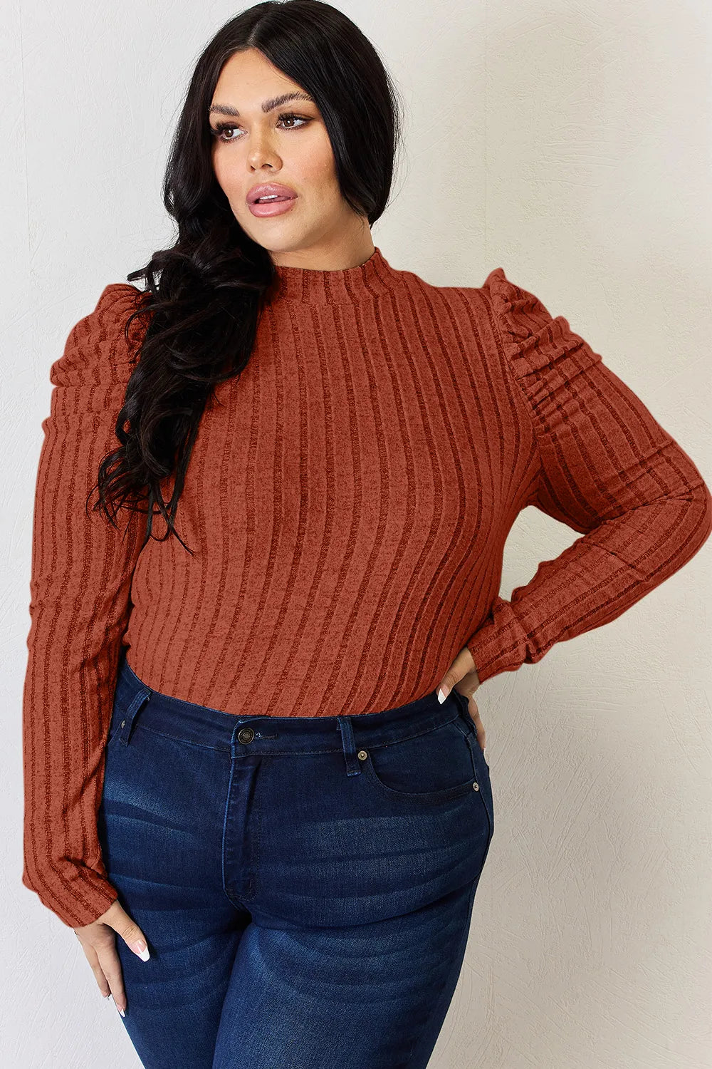 Basic Bae Full Size Ribbed Mock Neck Puff Sleeve T-Shirt Fitggins