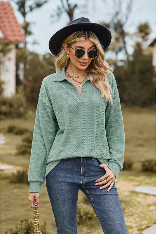 Collared Neck Cable-Knit Long Sleeve Blouse Sage Fitggins