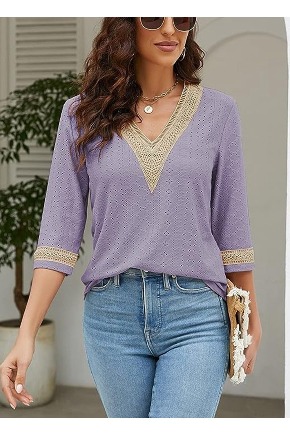 V-Neck Eyelet Blouse - Blouses - FITGGINS