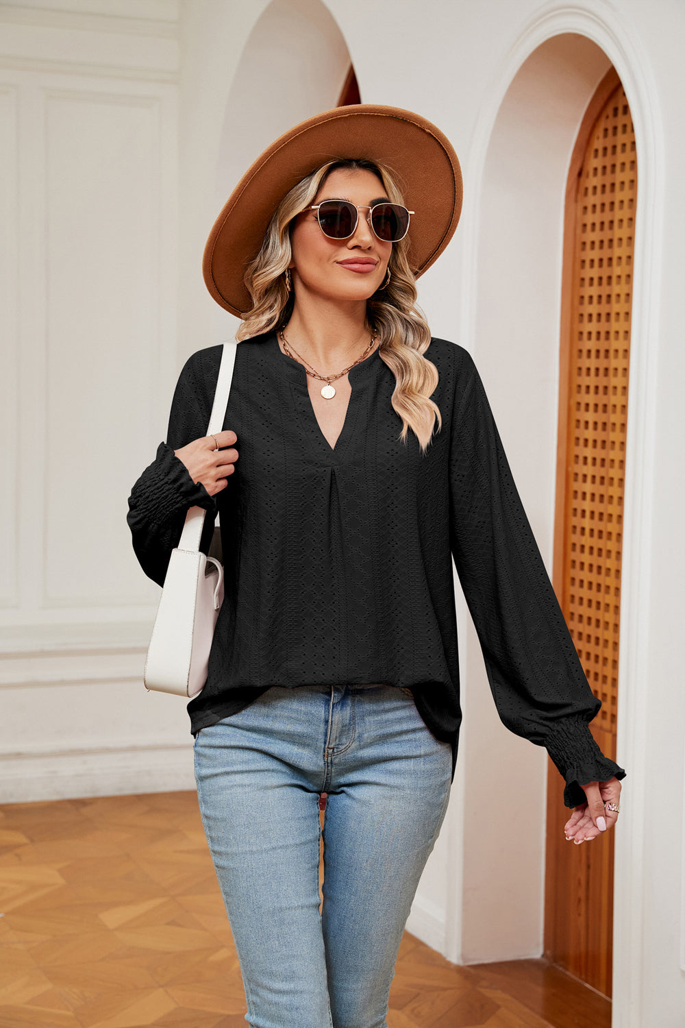 Notched Neck Flounce Sleeve Blouse Black Fitggins