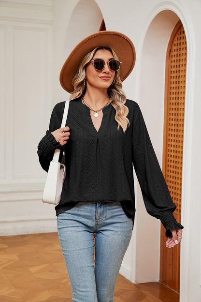 Notched Neck Flounce Sleeve Blouse Black Fitggins