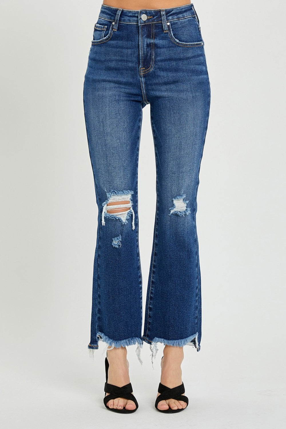 RISEN High Rise Distressed Crop Flare Jeans - Jeans - FITGGINS