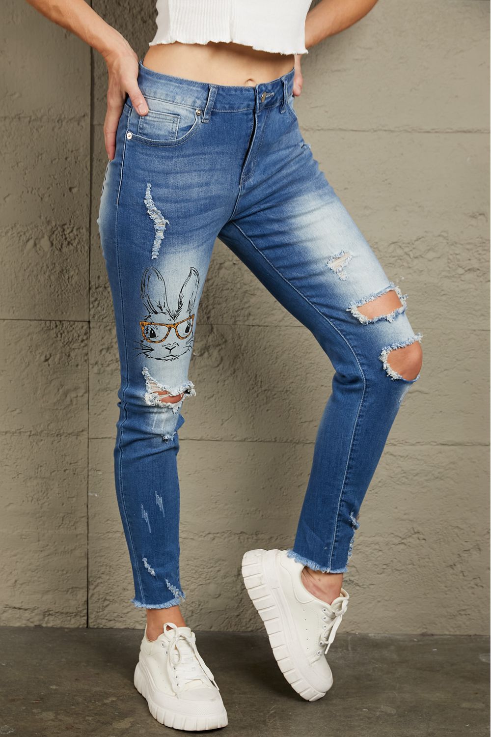 Baeful Easter Distressed Frayed Hem Jeans - Jeans - FITGGINS