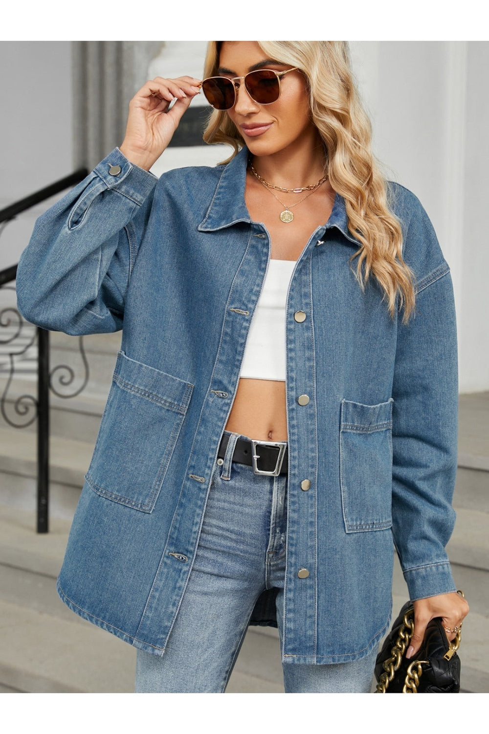 Removable Hood Button Up Long Sleeve Denim Jacket - Denim Jackets - FITGGINS