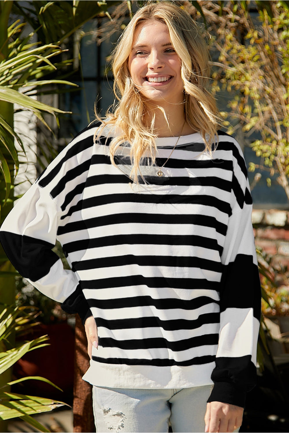 Striped Dropped Shoulder Sweatshirt - Sweatshirts & Hoodies - FITGGINS