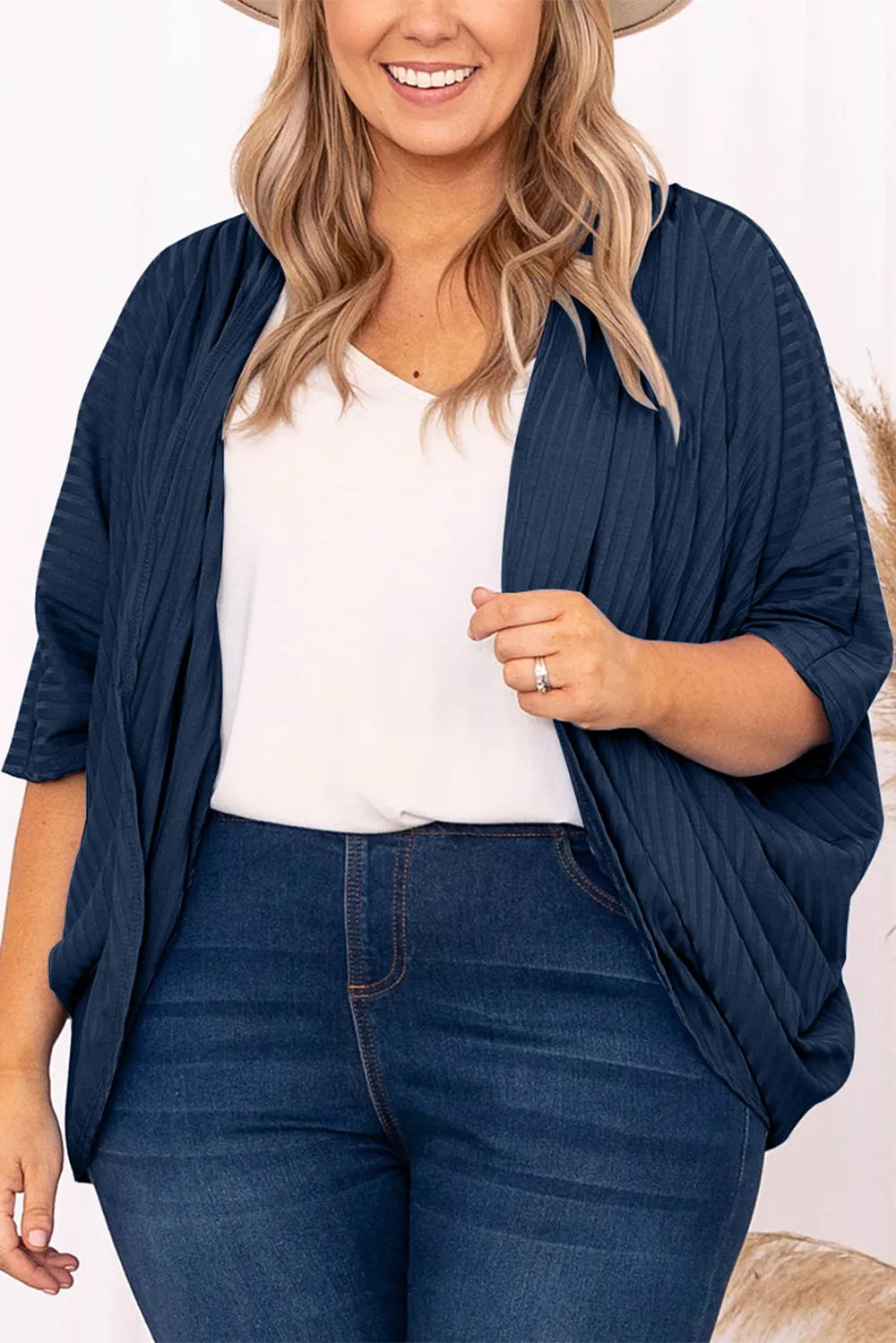 Plus Size Ribbed Cocoon Cover Up Dark Blue Fitggins