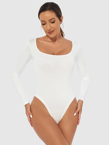 Full Size Scoop Neck Long Sleeve Bodysuit White Fitggins