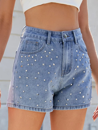 Rhinestone Washed High Waist Denim Shorts Fitggins