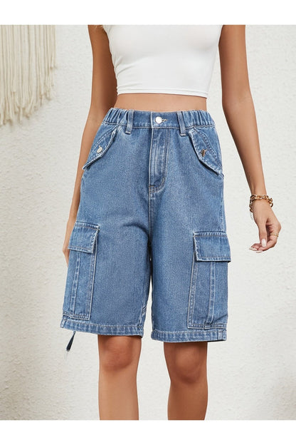 High Waist Denim Shorts with Pockets - Denim Shorts - FITGGINS