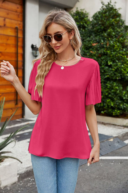 Pleated Flutter Sleeve Round Neck Blouse Fitggins