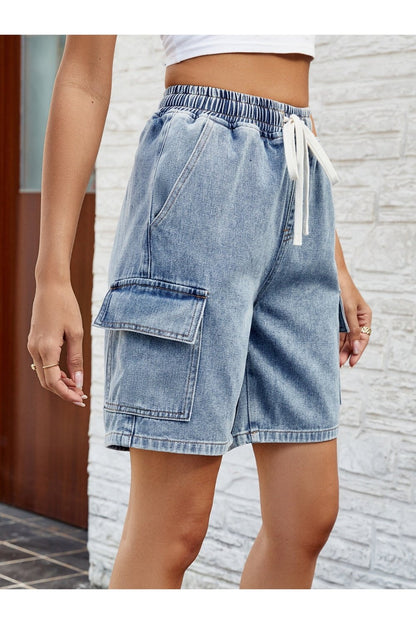 Drawstring Denim Shorts with Pockets - Denim Shorts - FITGGINS