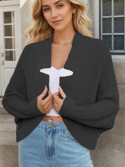 Openwork Open Front Long Sleeve Cardigan Black Fitggins