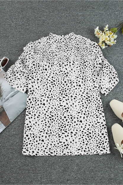 Printed Smocked Mock Neck Blouse - Blouses - FITGGINS