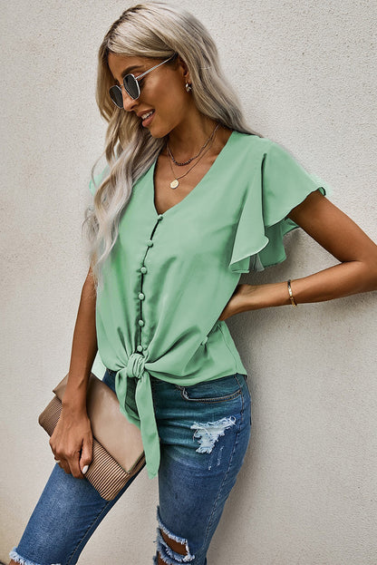 V-Neck Tie Hem Flutter Sleeve Blouse Fitggins