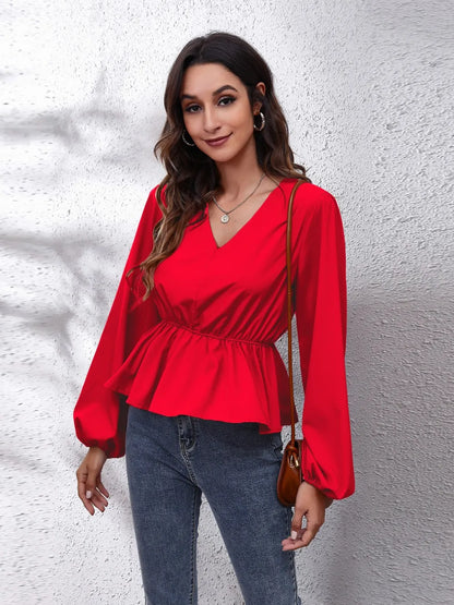 V-Neck Balloon Sleeve Peplum Blouse Deep Red Fitggins