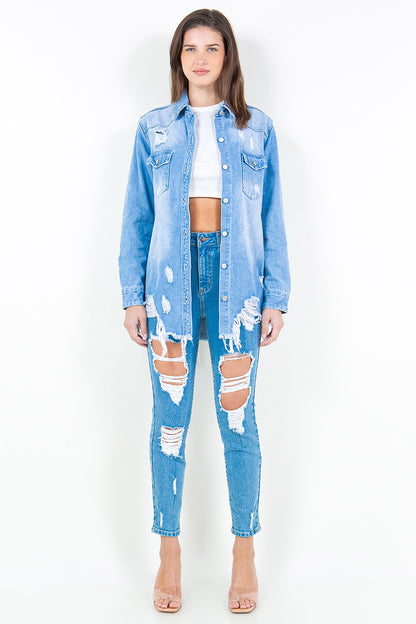 American Bazi Frayed Hem Distressed Denim Shirt Jacket - Denim Jackets - FITGGINS