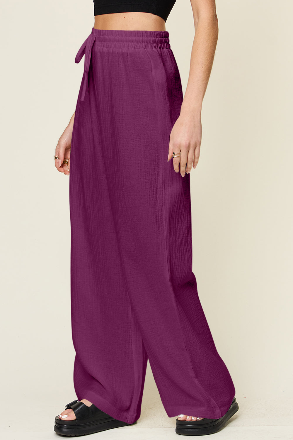 Double Take Full Size Texture Drawstring Wide Leg Pants - Pants - FITGGINS