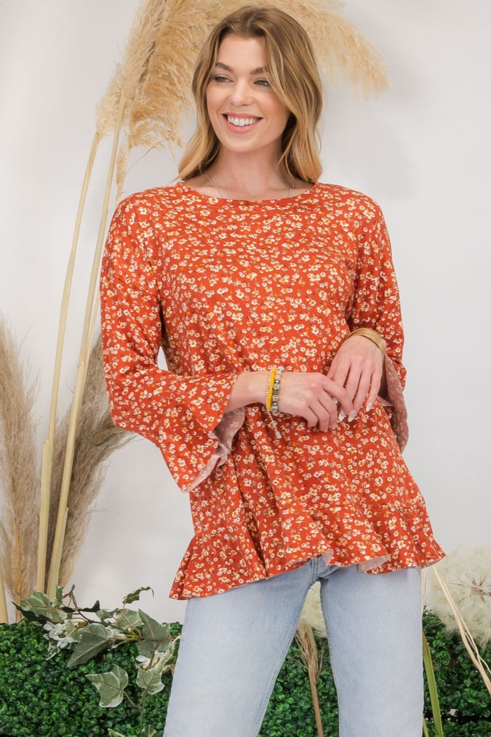 Celeste Full Size Floral Ruffle Detail Top - Shirts - FITGGINS