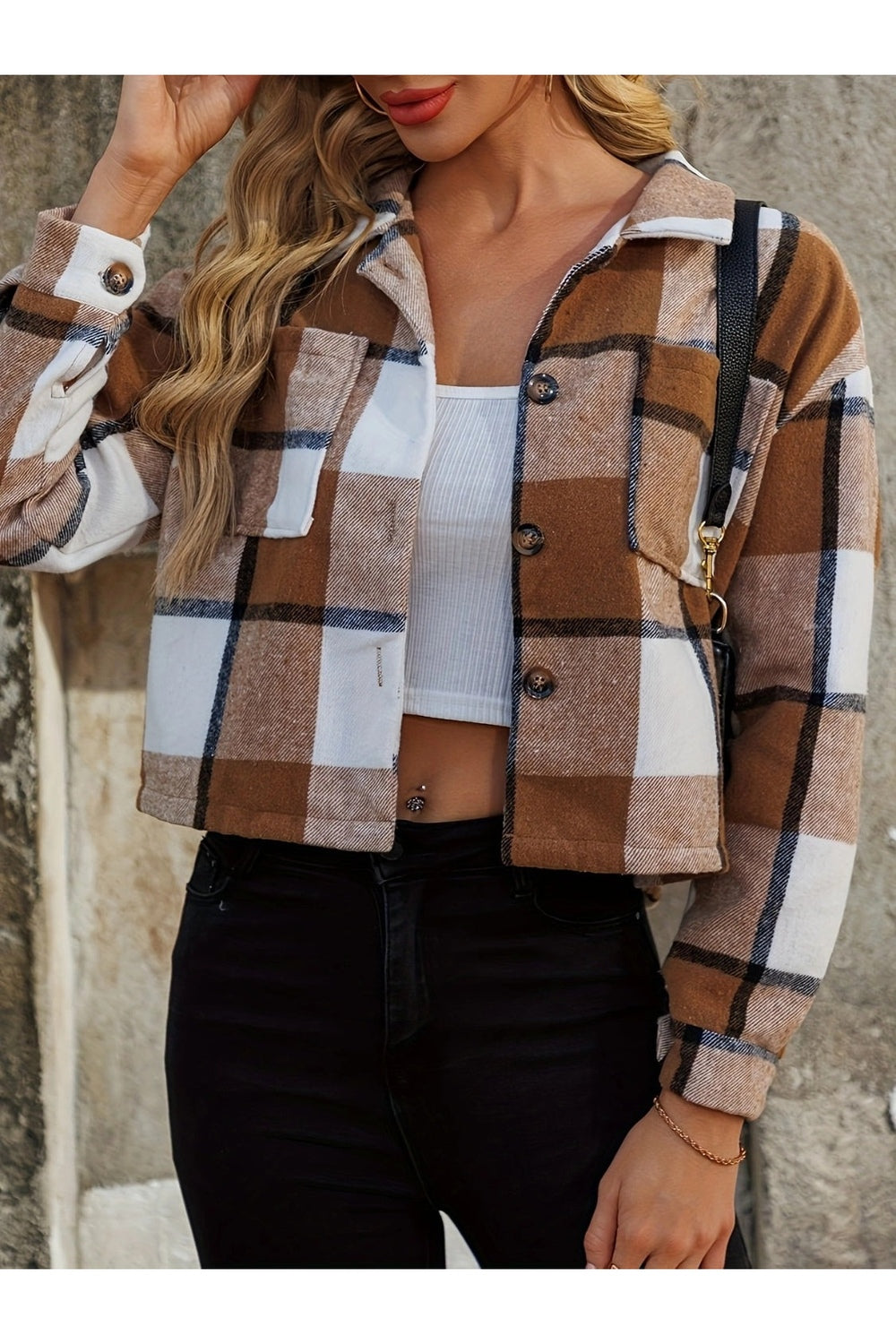 Plaid Collared Neck Cropped Jacket - Jackets - FITGGINS