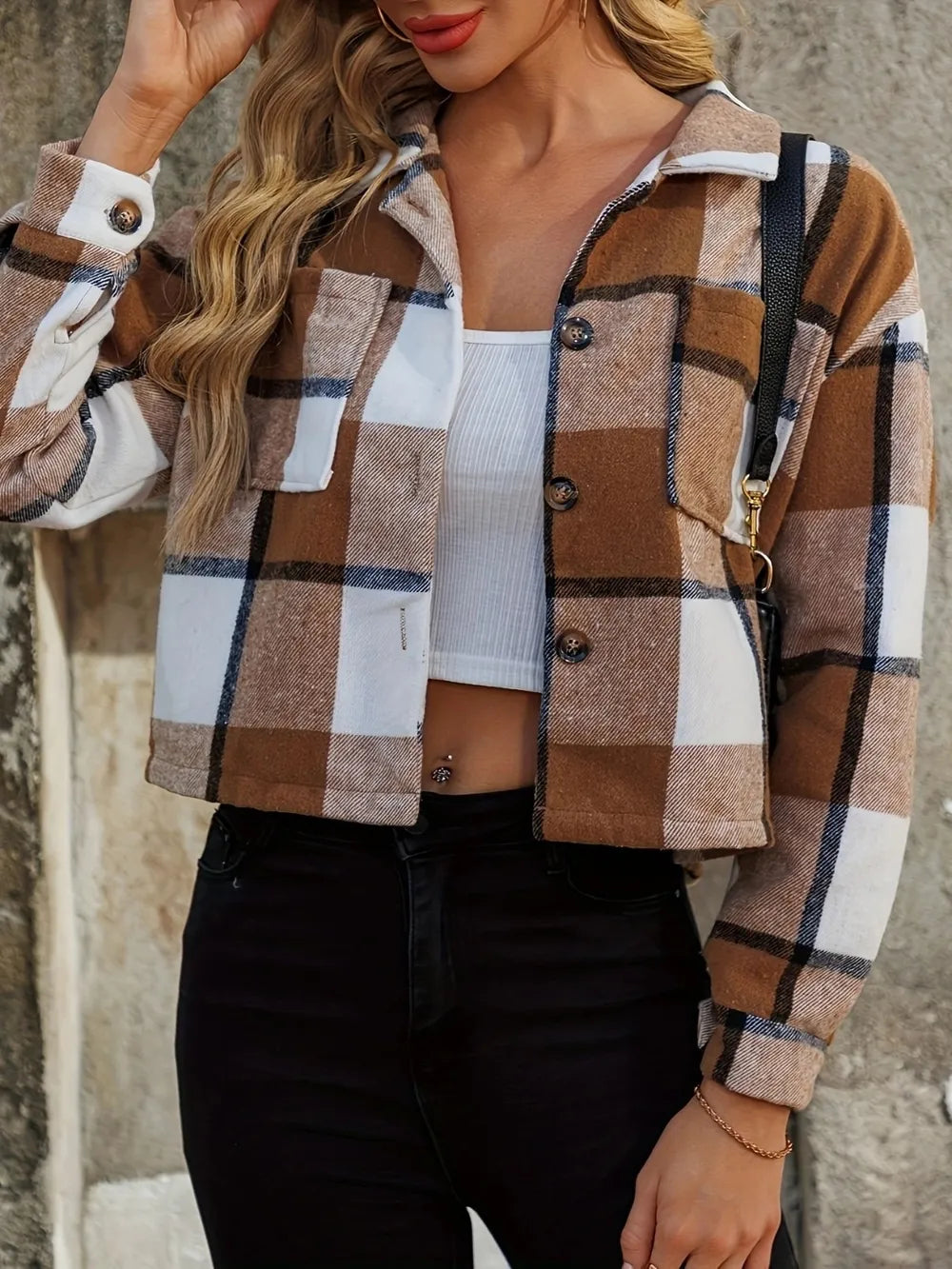 Plaid Collared Neck Cropped Jacket Caramel Fitggins