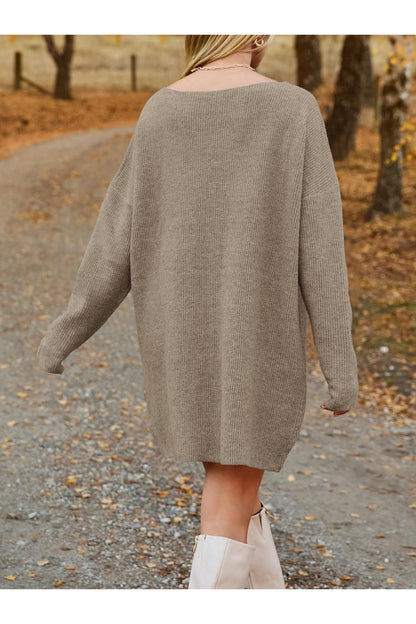 V-Neck Dropped Shoulder Sweater Dress - Sweater Dresses - FITGGINS