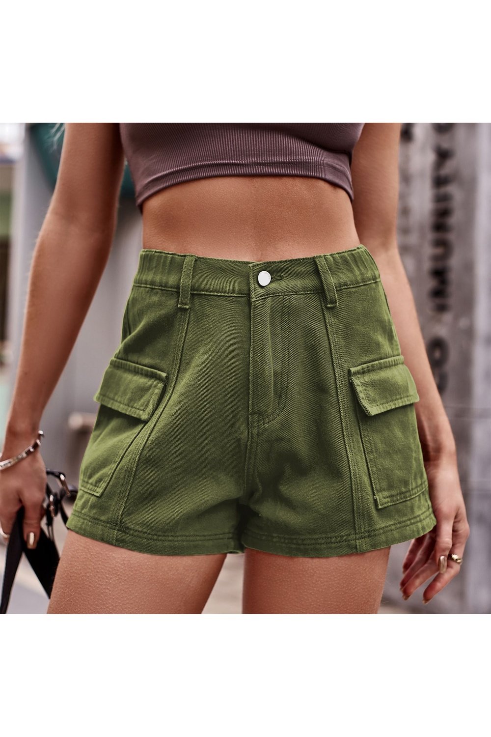 High-Waist Denim Shorts with Pockets - Denim Shorts - FITGGINS