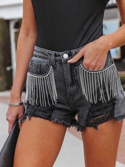 Distressed Fringe Denim Shorts with Pockets Black Fitggins