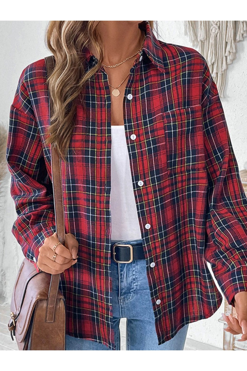 Perfee Plaid Button Up Long Sleeve Shirt - Shirts - FITGGINS