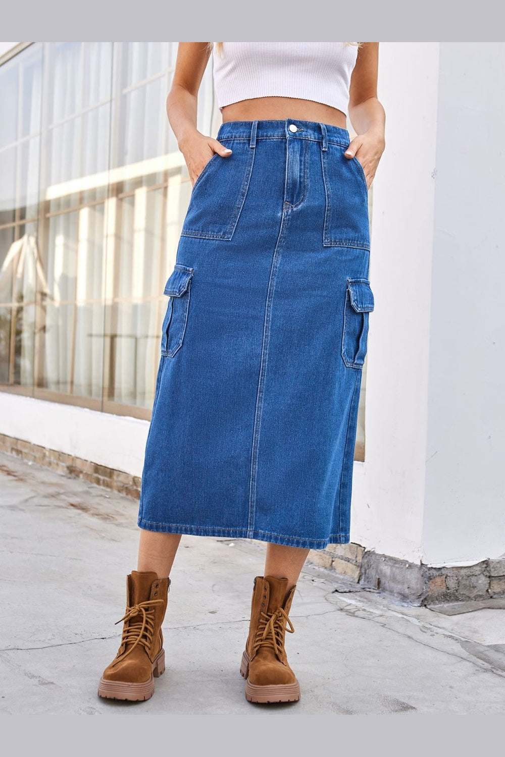 Slit Midi Denim Skirt with Pockets - Shirts - FITGGINS