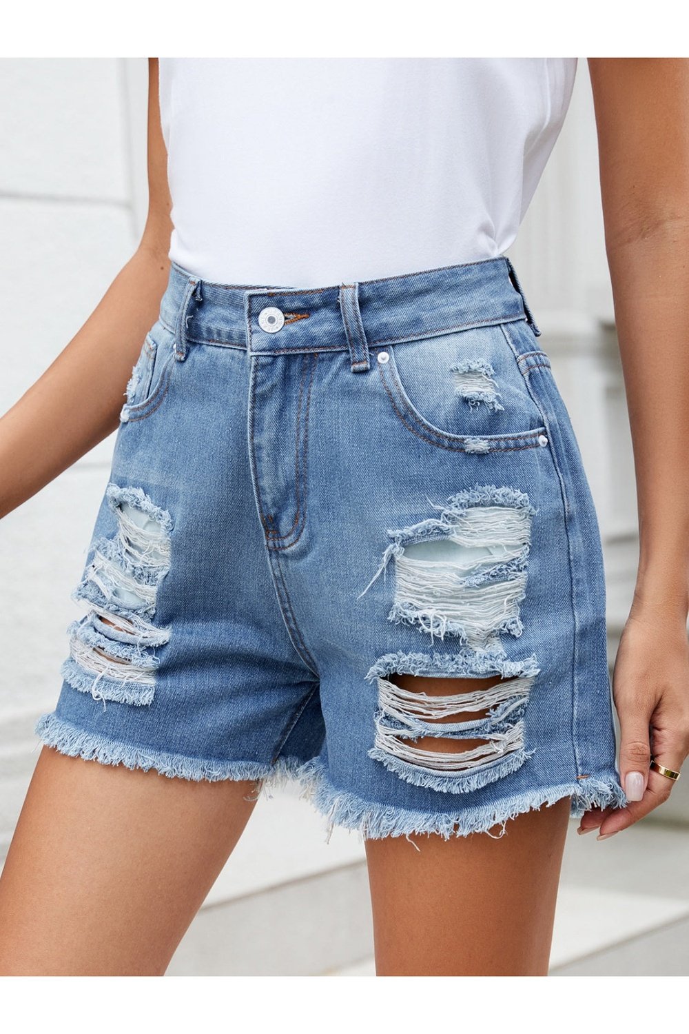 Distressed Raw Hem Denim Shorts - Denim Shorts - FITGGINS