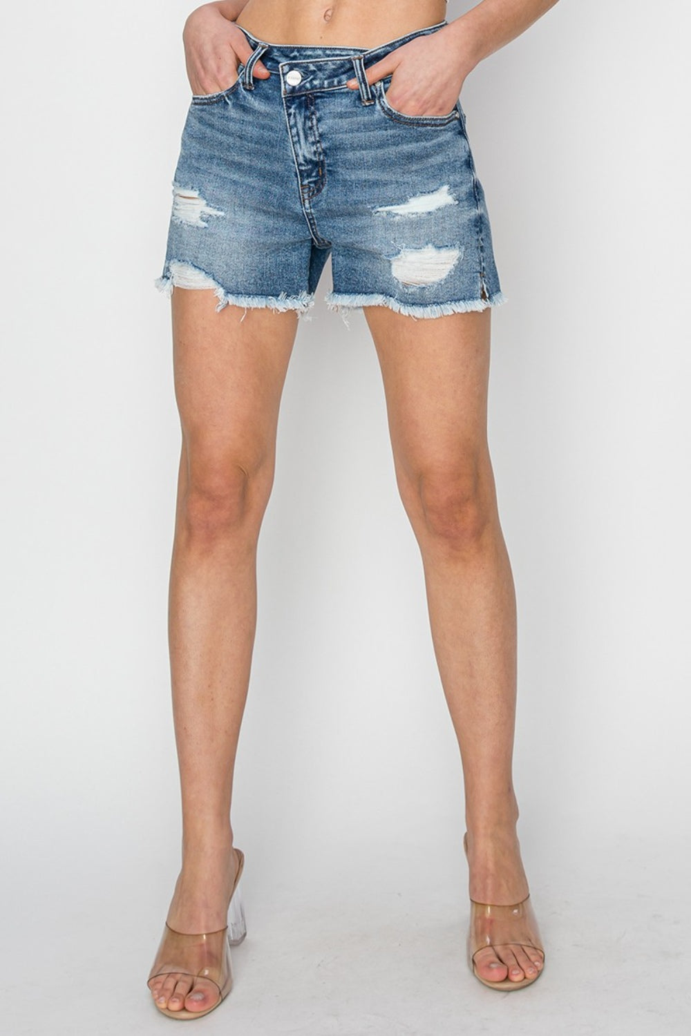 RISEN Stepped Waist Frayed Denim Shorts - Denim Shorts - FITGGINS