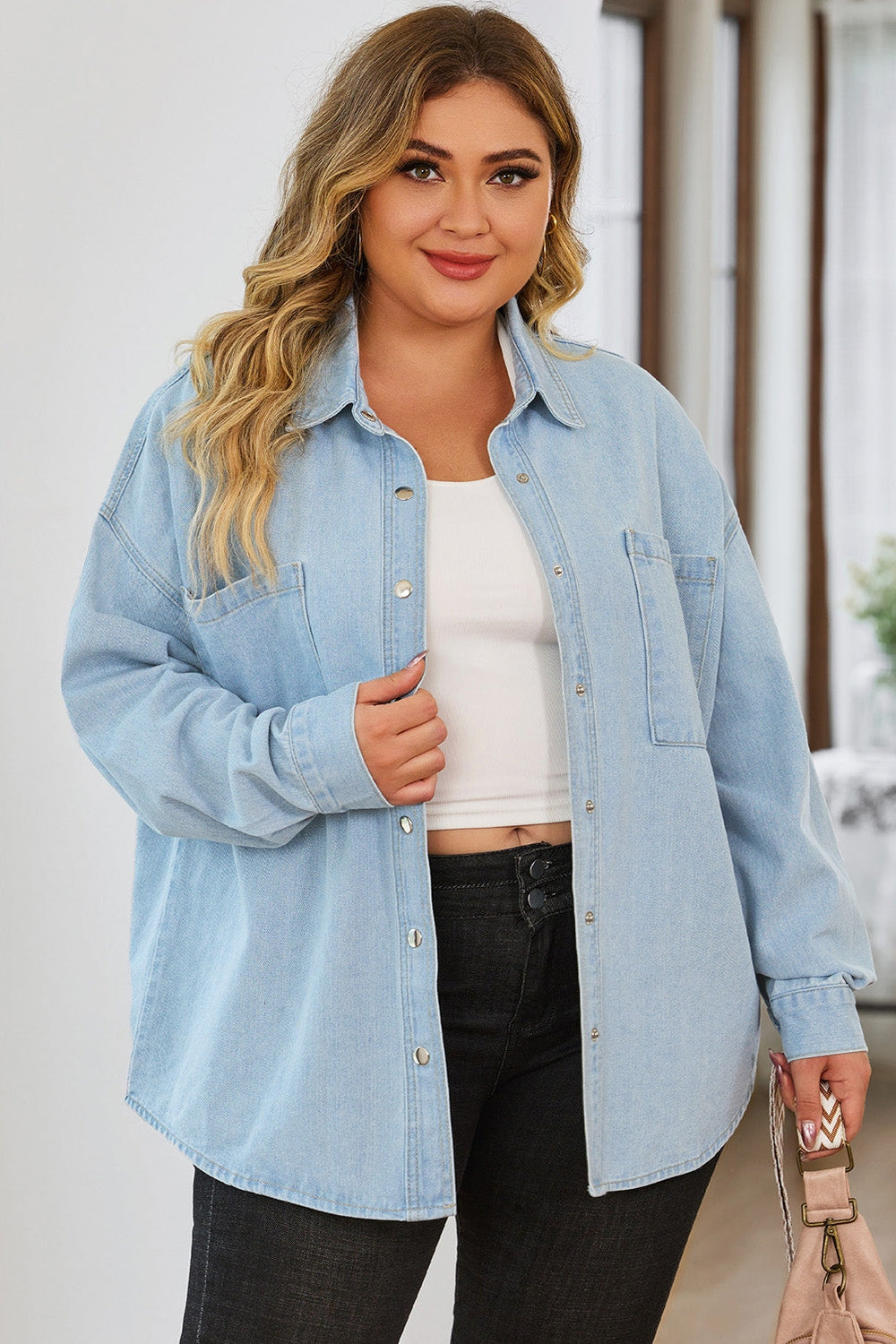 Plus Size Snap Down Pocketed Denim Jacket - Denim Jackets - FITGGINS