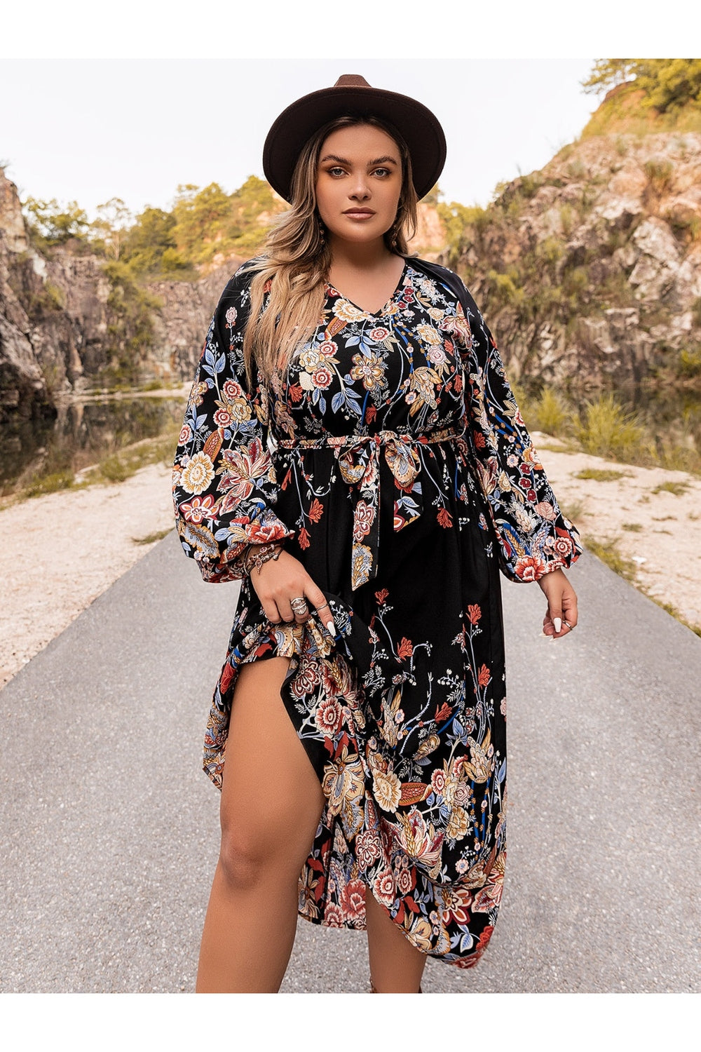 Plus Size V-Neck Long Sleeve Dress - Casual & Maxi Dresses - FITGGINS