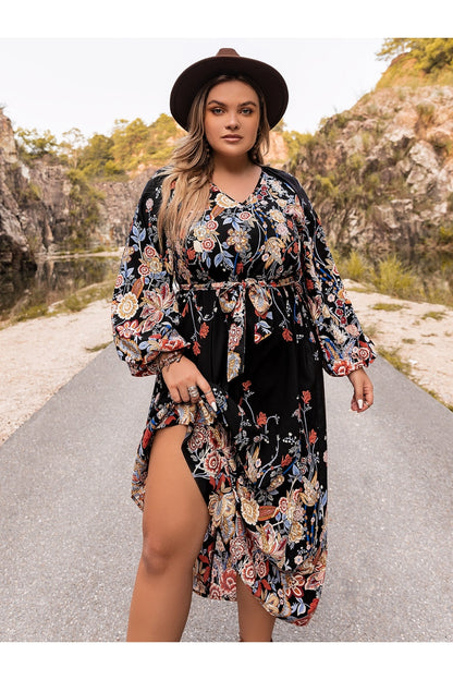 Plus Size V-Neck Long Sleeve Dress - Casual & Maxi Dresses - FITGGINS