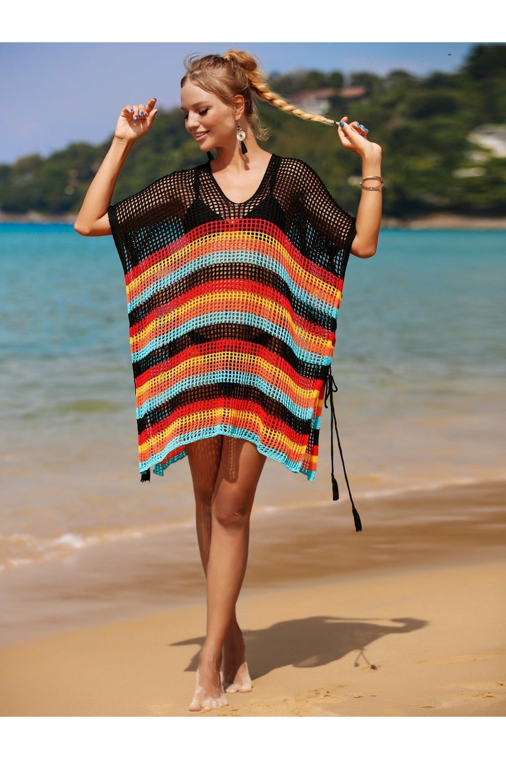 Cutout Striped Cover-Up with Tassel - Cover-Ups - FITGGINS