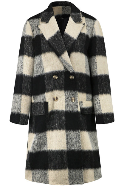 Plaid Double-Breasted Long Sleeve Coat - Jackets - FITGGINS