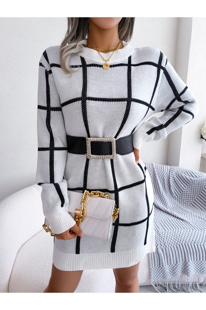 Plaid Round Neck Dropped Shoulder Sweater Dress - Sweater Dresses - FITGGINS